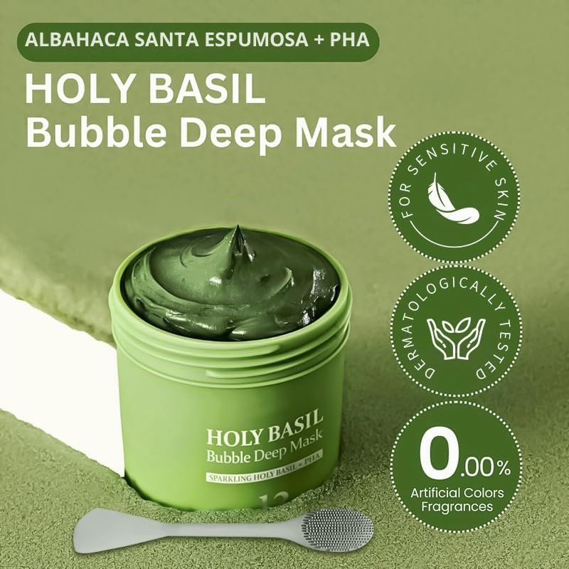 Holy Basil Bubble Deep Mask, Limpieza Profunda + Control de Grasa, Elimina Puntos Negros y Reduce Poros, Arcilla Coreana Para Enjuagar Con Burbujas Cuchara Incluida