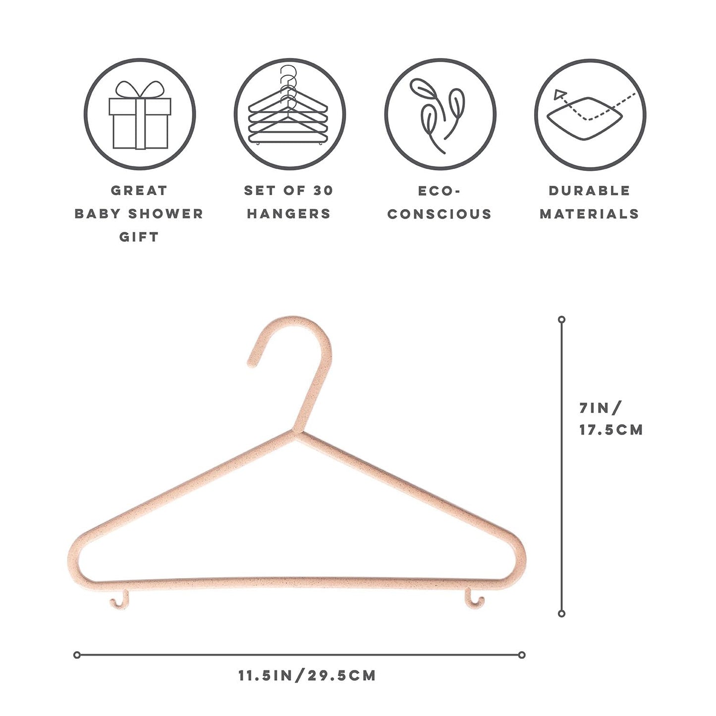 Paquete de 30 perchas de paja de trigo para bebé, paquete de 30 unidades, ecológicas, para guardería, almacenamiento de ropa duradera para niños, tamaño de recién nacido a 5T, color rosa moteado