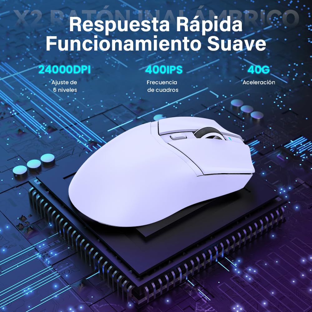Free wolf X2 Mouse Inalámbrico con RGB Cargador, Mouse Gamer con 3 Modos de Conexión(2.4G/Type-c/BT), 24000DPI, con 7 Botones Programables para PC/Mac(Blanco)