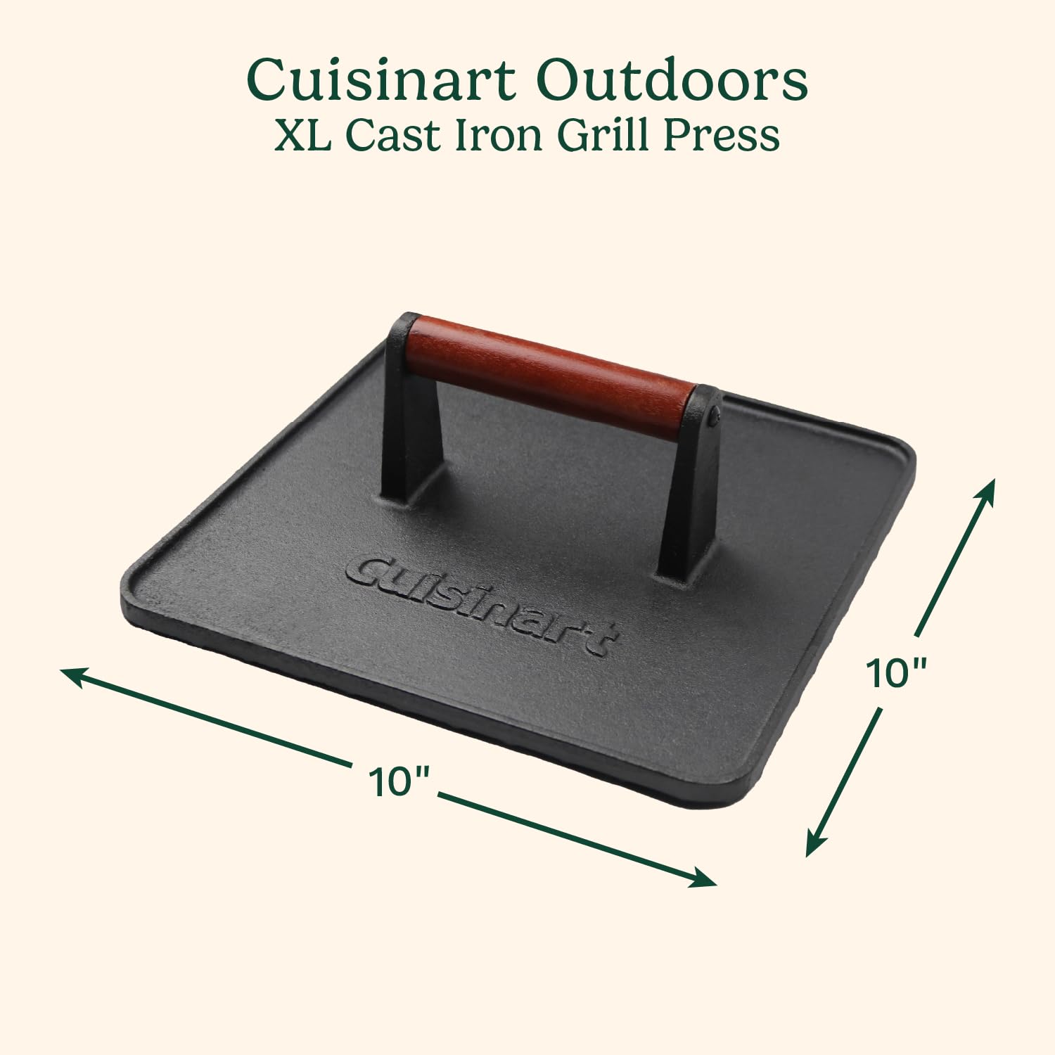 Cuisinart - Prensa para Parrilla de Hierro Fundido, 10 x 10 Pulgadas, Resistente Antiadherente para Hamburguesas con Mango de Madera, Accesorio Perfecto para Parrilla, paninis y barbacoas