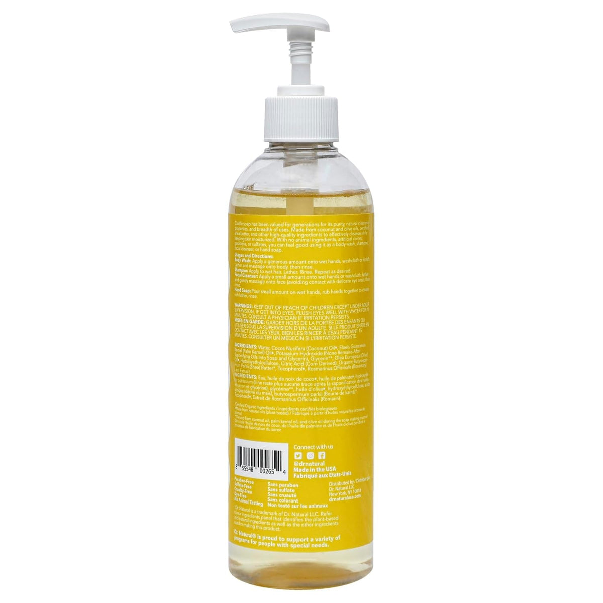 Dr. Natural Jabón de Castilla Líquido para Cuerpo | Natural, Orgánico, Sin Sulfatos y Parabenos | Shampoo y Jabon Facial | Hecho de Plantas, Aceite de Oliva, Coco y Palma, Manteca de Karité y Romero (Sin Esencia)