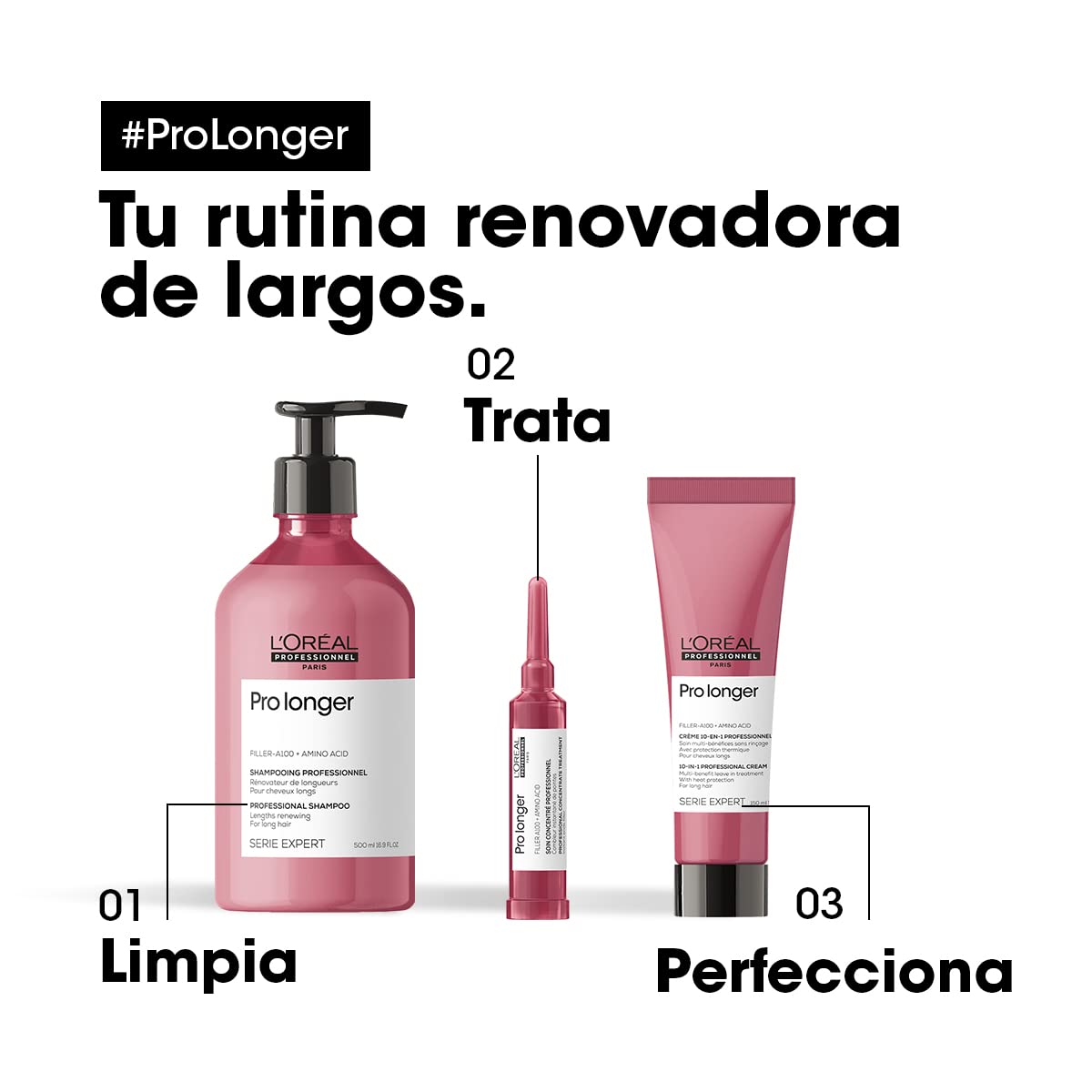 L'Oréal Professionnel Pro Longer | Shampoo| Protege de las puntas abiertas | Para cabello más largo, más sano y más grueso | Con tecnología Filler A100 + aminoácidos | Para todo tipo de cabello | 500ml