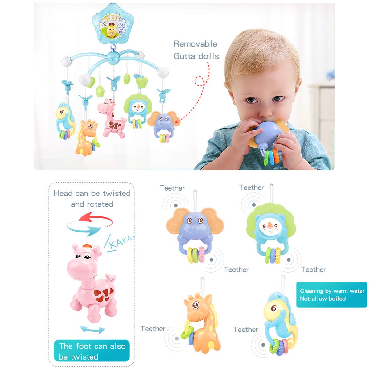 Baby Mobile for Crib, Baby Plush Crib Mobile with Lights and Music,Remote,Toys, Holder,Projector for Pack and Play (Blue) (Blue-Forest)