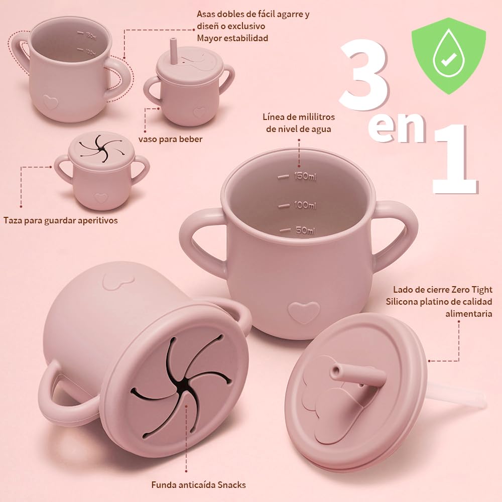 FINYQBET Platos Para Bebés De Silicona Con Tazón Cuchara Tenedor Babe,Set de 8 Piezas para Bebés,Plato para Bebe con Ventosas, Ajustable,Rosa