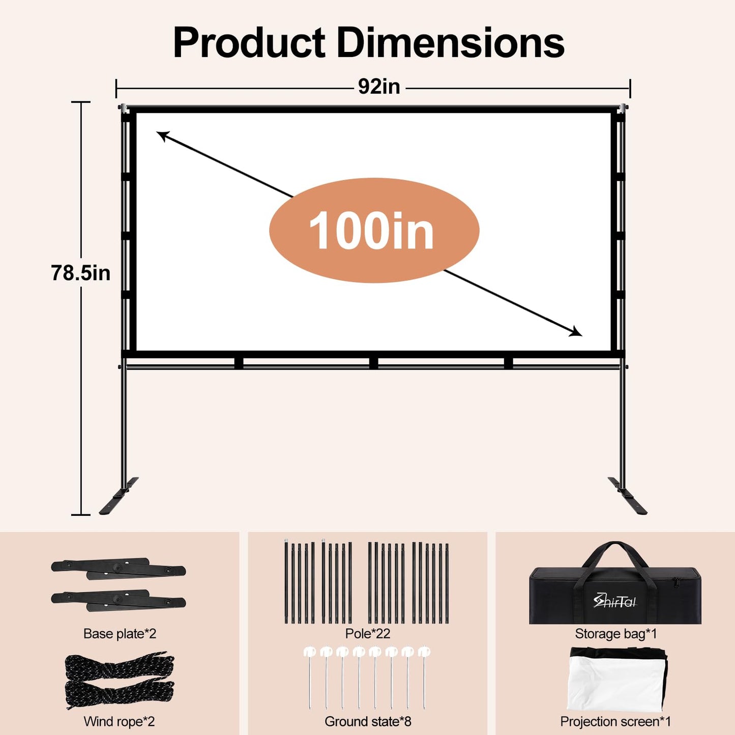 Shirtal visualización de proyector de 100 pulgadas, visualización de proyector portátil con soporte, visualización de película 4K HD 16:9 antiarrugas para interiores y exteriores con bolsa de