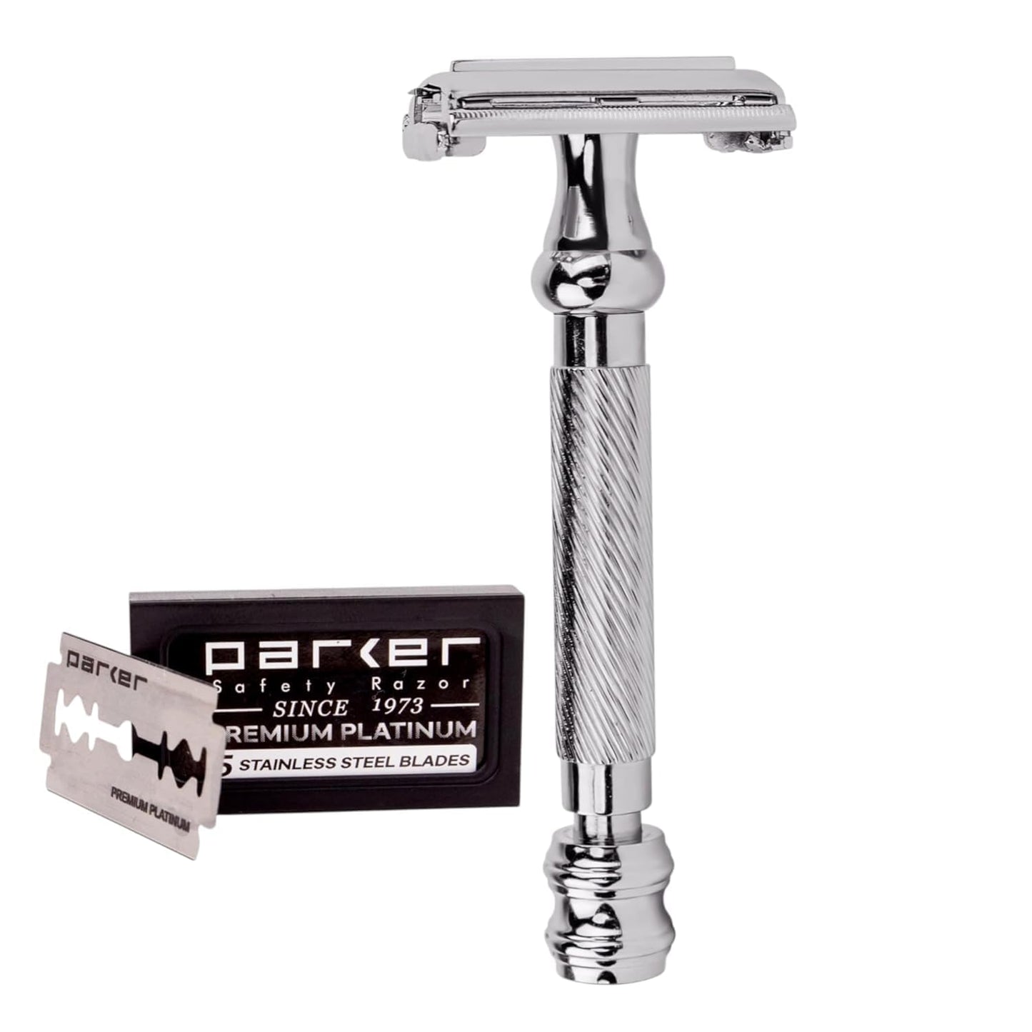 Parker 99R - Maquinilla de Afeitar de Seguridad de Doble Filo con Mango Largo SÚPER PESADO Mariposa Abierta y 5 hojas de Parker