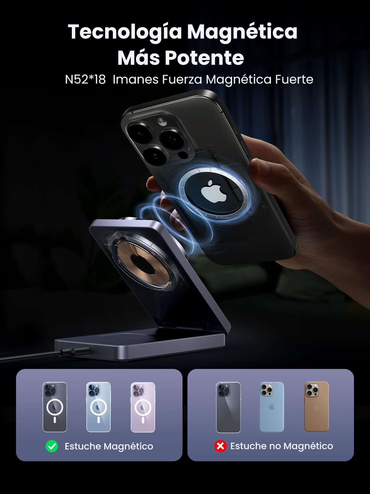 Cargador Inalámbrico UGREEN Negro MagFlow 15W 2 en 1 Plegable Compatible con MagSafe para iPhone y AirPods