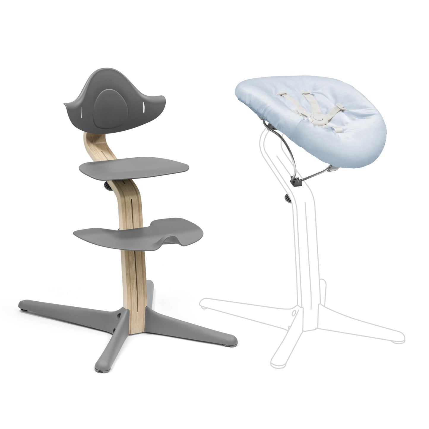 Stokke Nomi Sillar (Gris) + Newborn Set (Gris/Azul Grisáceo) - Incluye un Arnés de Seguridad de Cinco Puntos y Un Set de Tela Reversible y Lavable - Soporta hasta 150 kg