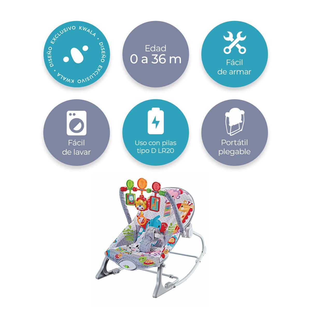 Silla Mecedora Musical Raganet Gris con Barra de Juguetes Desmontable para Bebés y Niños Pequeños