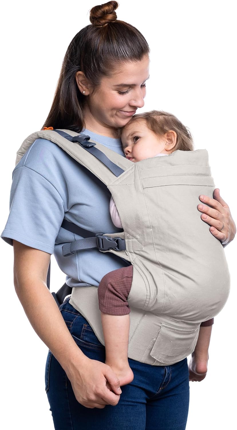 Beco - Portabebés para niños pequeños con asiento extra ancho, 100% algodón, estilo mochila y transporte frontal, ligero y ergonómico para niños (24-48 meses), color crudo