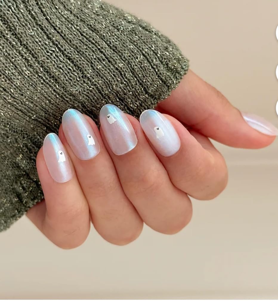 Olive & June Uñas Postizas Ovaladas Medianas Instant Mani, Iridescent Ghosts, 42 Unidades