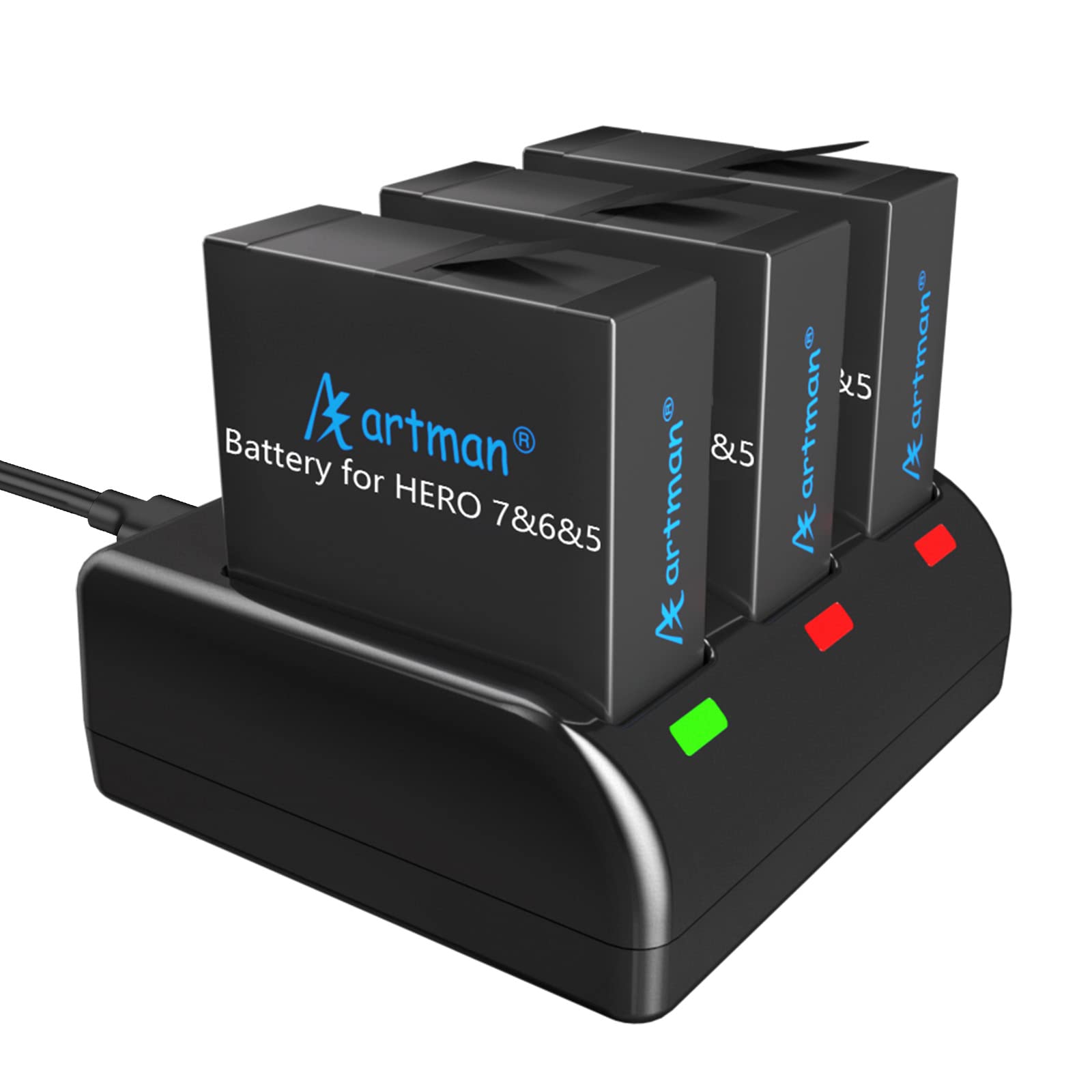 Artman Baterías de repuesto GoPro Hero 5/6/7 1480mAh (Pack de 3) y cargador USB LED de 3 canales para GoPro Hero 5 Black, AHDBT-501, Hero(2018),Hero 6,Hero 7 Black(compatible con la original)