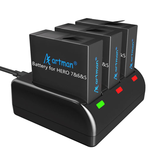 Artman Baterías de repuesto GoPro Hero 5/6/7 1480mAh (Pack de 3) y cargador USB LED de 3 canales para GoPro Hero 5 Black, AHDBT-501, Hero(2018),Hero 6,Hero 7 Black(compatible con la original)
