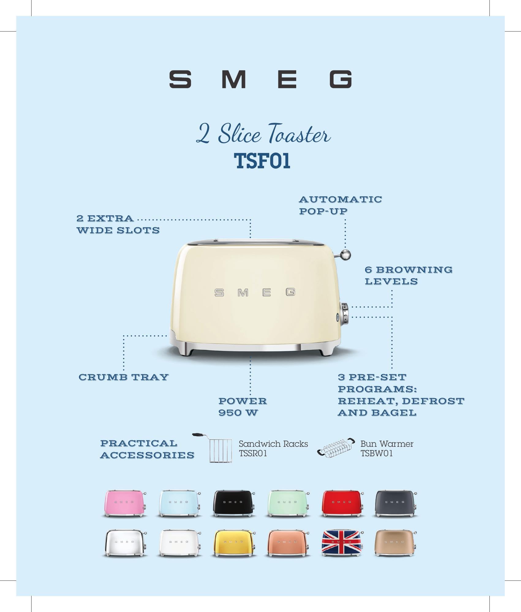 Smeg TSF01RGUS Edición Limitada 50's Estilo Retro Estética tostador de 2 rebanadas Oro Rosa, Cobre