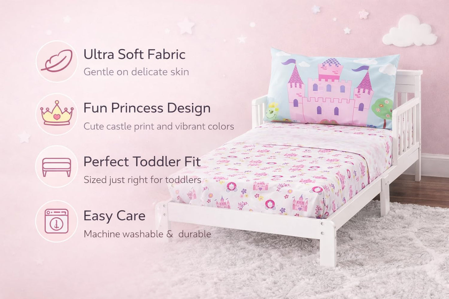 EVERYDAY KIDS Juego de 3 piezas para cama infantil con sábana bajera ajustable, sábana encimera y funda de almohada - Tierra de Princesas - Juego de sábanas para niñas pequeñas de microfibra suave y