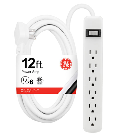 GE 6-Outlet Power Strip, 12 Ft Extension Cord, Flat Plug, Grounded, Integrated Circuit Breaker, 3-Prong, Wall Mount, UL Listed, White, 45195