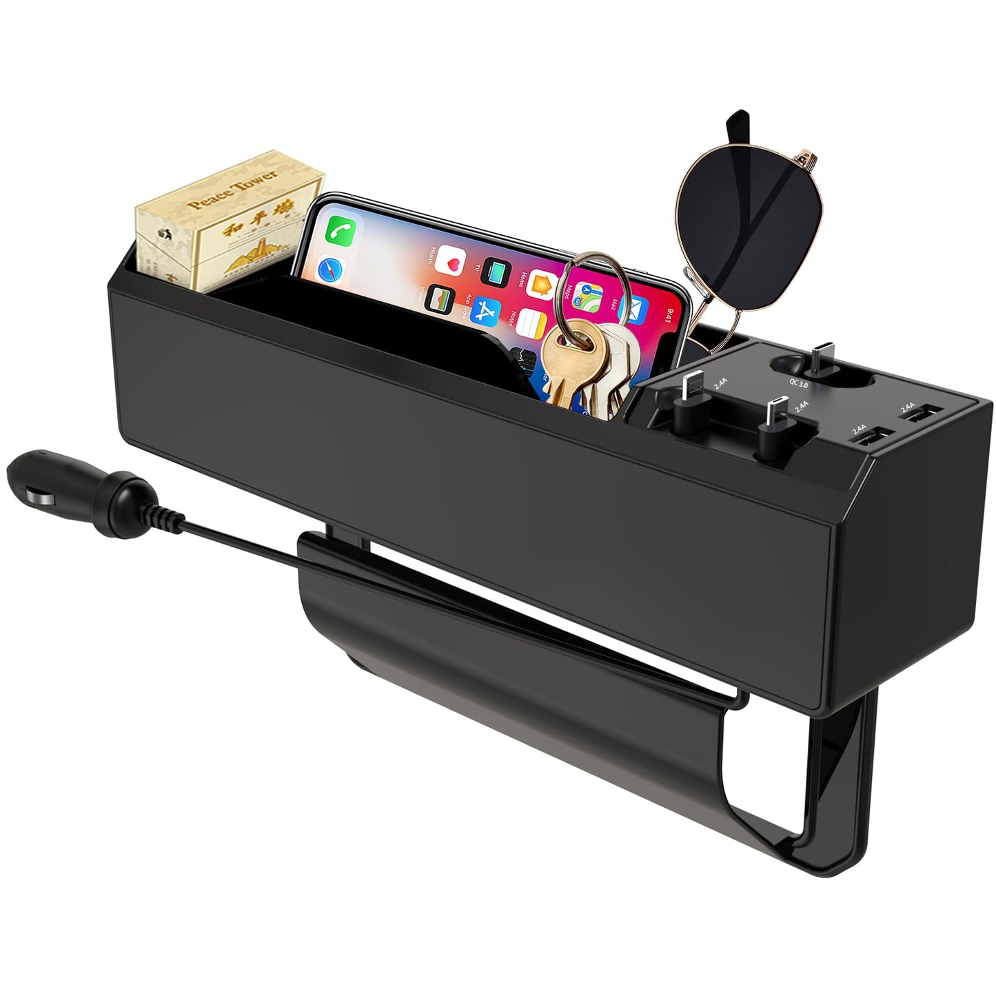 Relleno de Espacio para Asiento de Coche,Asiento Organizador del Coche Con QC3.0 puerto de carga rápida, Equipado con interfaz USB y IOS、Type-C、Android cable de carga,uardar de Teléfonos Llaves etc.