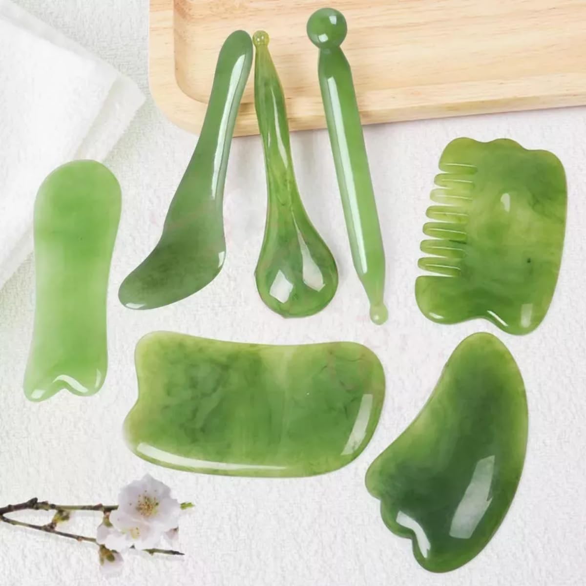Herramientas de Masaje Gua Sha de Piedra de Jade Verde para Terapia Facial y Corporal