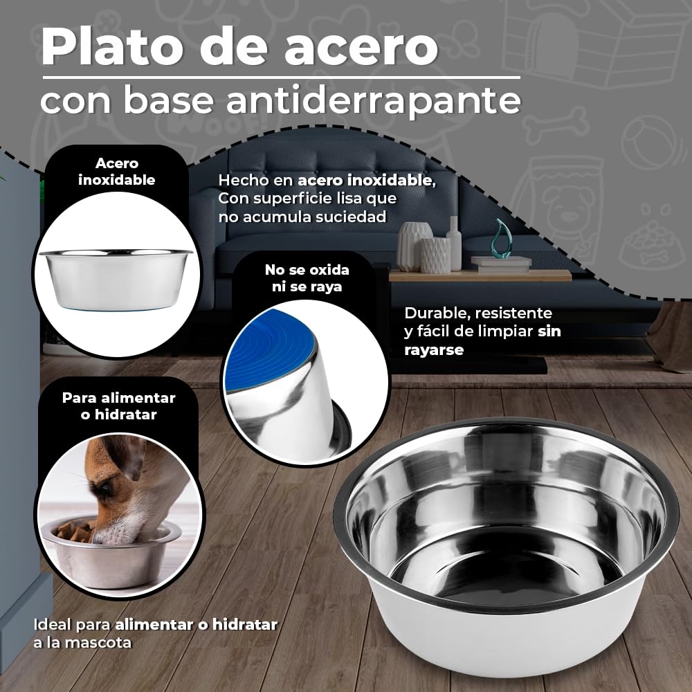 Fancy Pets Plato de Acero Inoxidable Antiderrapante para Perro con 96 Onzas o 2.7 Kilos