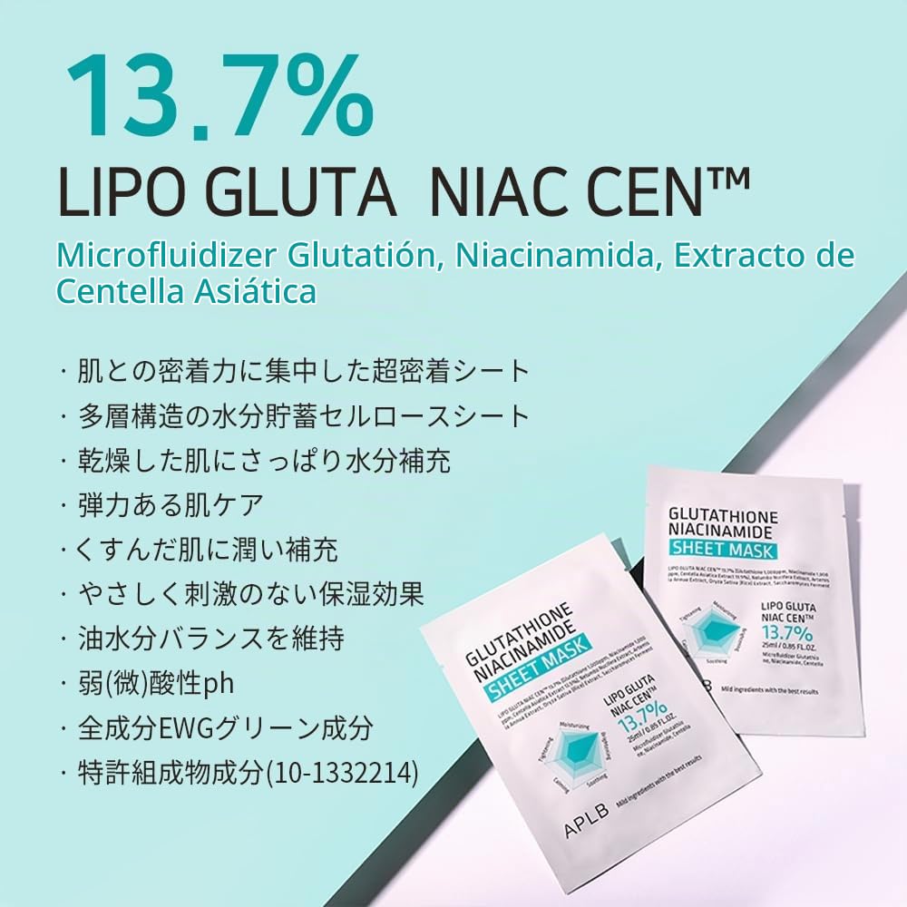 APLB Glutathione Niacinamide Sheet Mask 10pcs | LIPO GLUTA NIAC CEN™ 13.7% 0.85 FL.OZ/Korean Skincare, Deep hydration & Soothing, Sensitive Skin, Improve skin elasticity