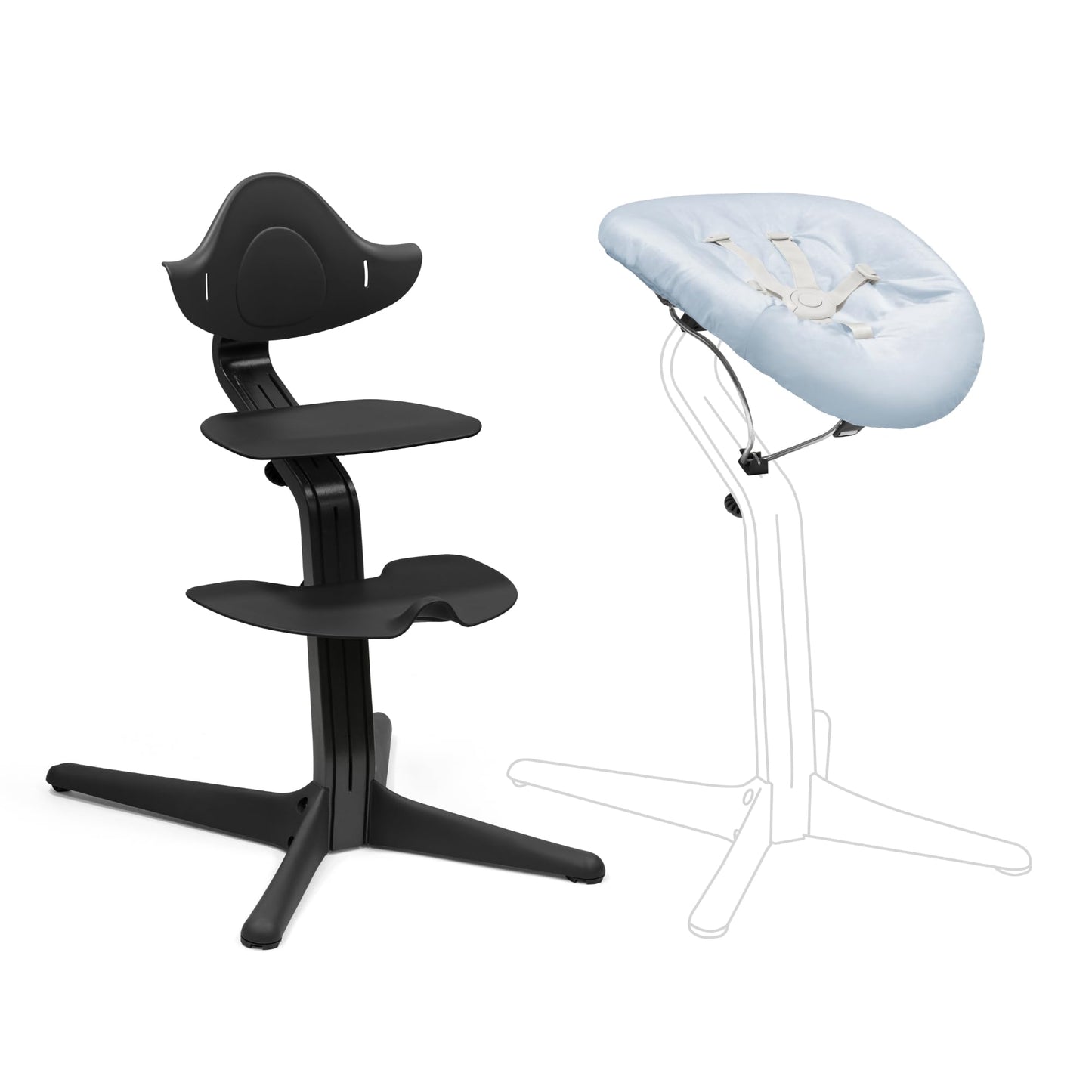 Stokke Nomi Silla (Negra/Negra) + Newborn Set (Negro/Azul Grisáceo) - Incluye un Arnés de Seguridad de Cinco Puntos y Un Set de Tela Reversible y Lavable - Soporta hasta 150 kg