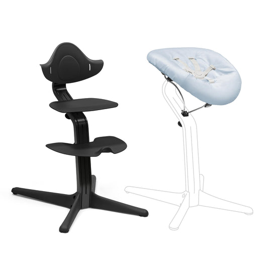 Stokke Nomi Silla (Negra/Negra) + Newborn Set (Negro/Azul Grisáceo) - Incluye un Arnés de Seguridad de Cinco Puntos y Un Set de Tela Reversible y Lavable - Soporta hasta 150 kg