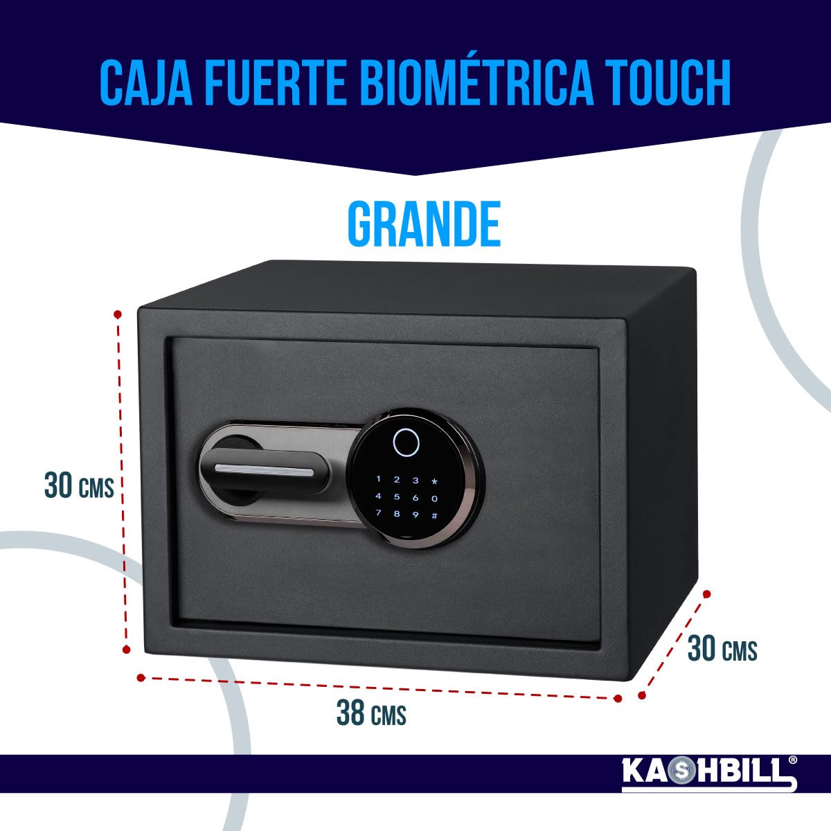 KASHBILL Caja Fuerte Biométrica Touch Grande 30x38x30 cm Modelo CFBT03 Con Cierre de Huella Digital, Panel Touch y Llave de Emergencia, Seguridad Avanzada para Hogar y Oficina caja fuerte grande