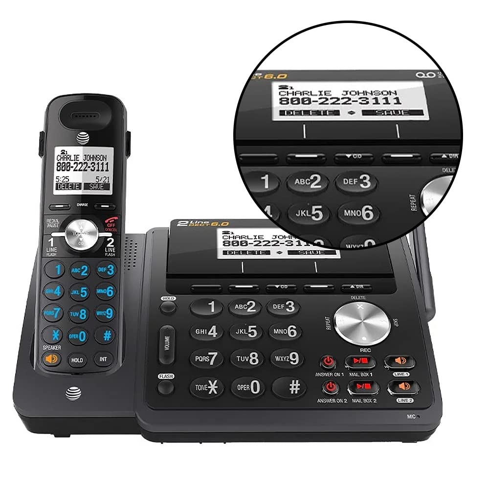 AT&T TL88102BK DECT 6.0 Teléfono inalámbrico expandible de 2 líneas con sistema de respuesta y identificación de llamadas dual/llamada en espera, 3 auriculares, negro