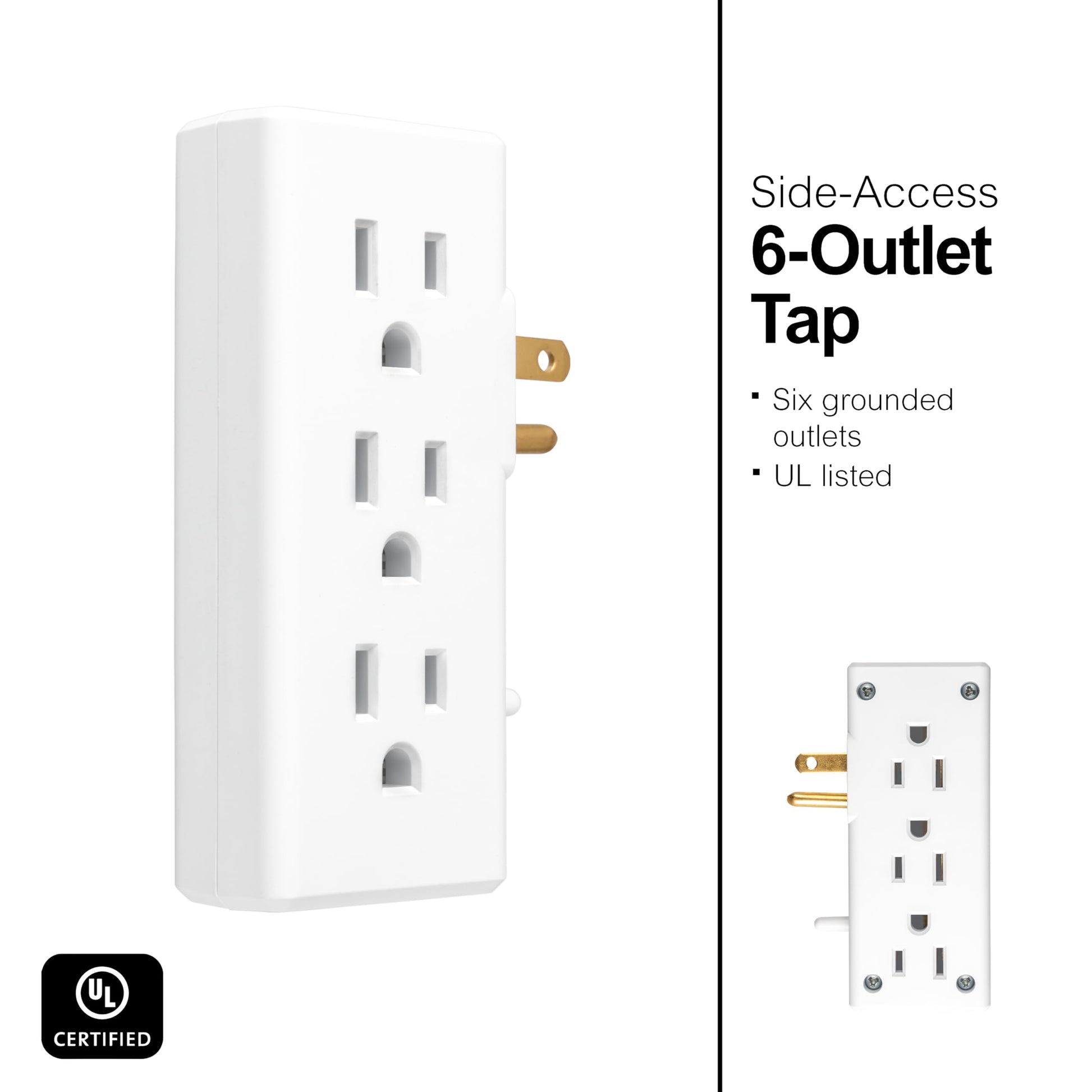 GE home electrical Extensor de 6 salidas con acceso lateral, llave de pared, gira 2 salidas en 6, 3 puntas, clasificación interior, listado UL, blanco, 54543