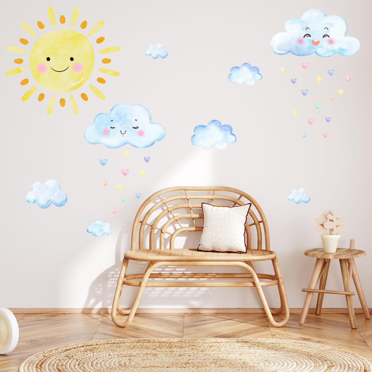 Grandes calcomanías de pared del sol, calcomanías de pared de nubes blancas de acuarela, decoración de habitación para niños y niñas, calcomanías de sol, calcomanías de pared removibles de sol y nubes