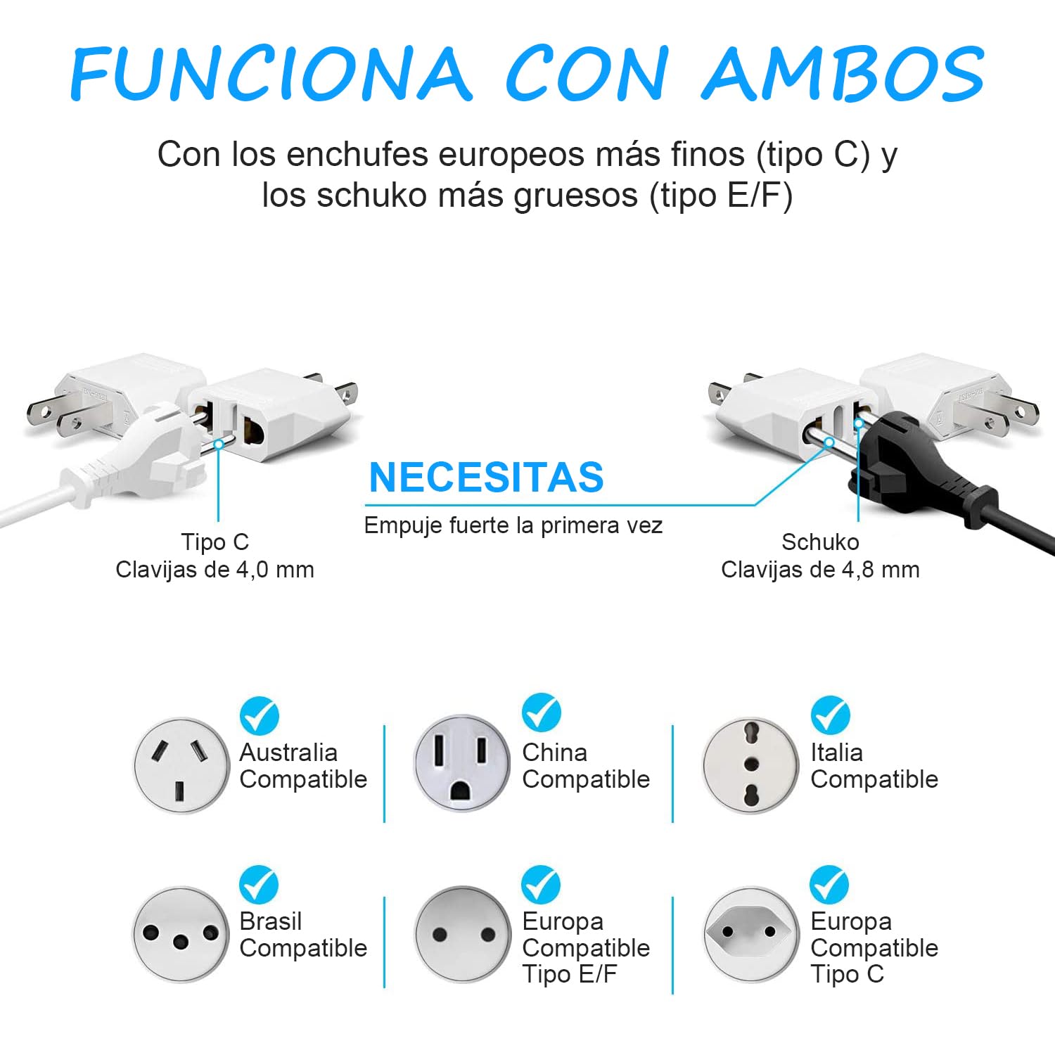 Adaptador de Enchufe MHKBD Blanco, Pequeño Adaptador de Viaje, Europa a EE.UU. y México