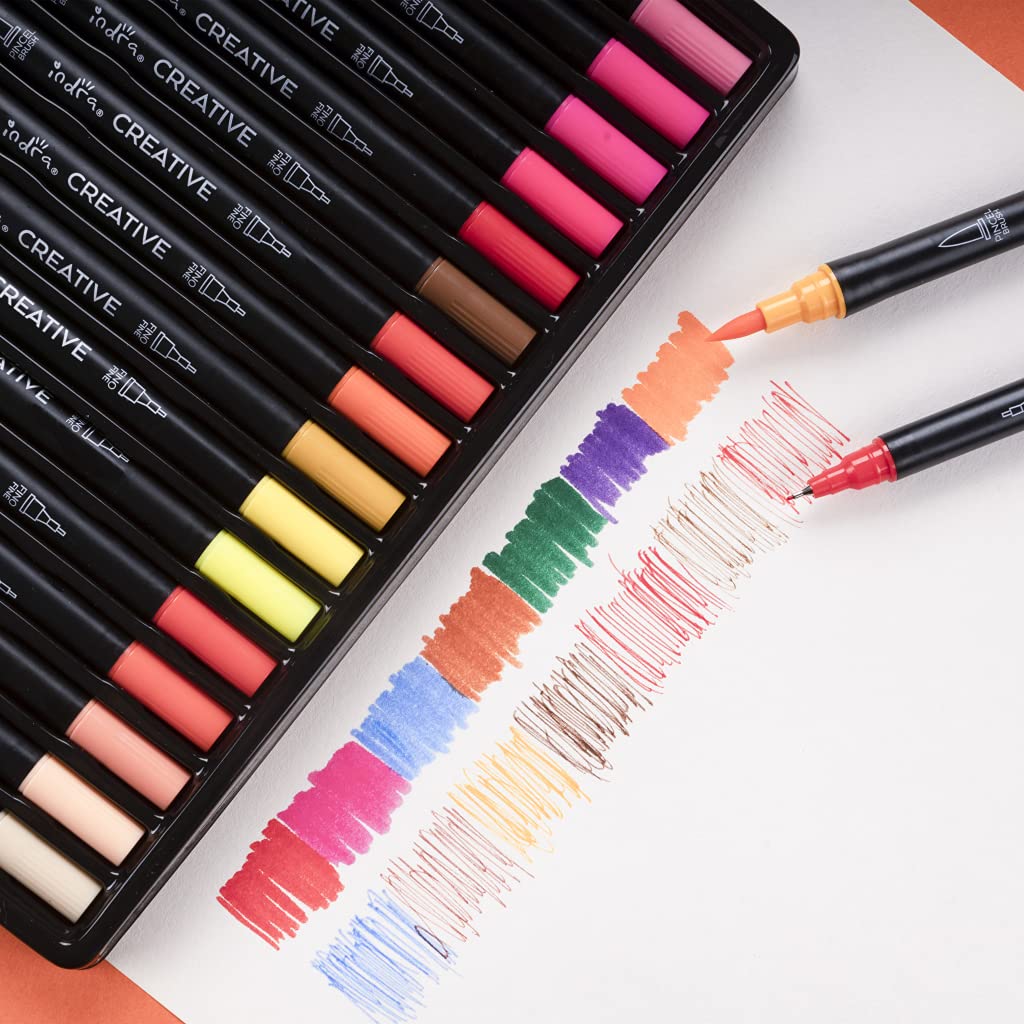 Marcadores Fineliner 72 piezas Rotuladores duales de acuarela INDRA con punta pincel y punto fino de 4mm hechas de nailon para niños y adultos