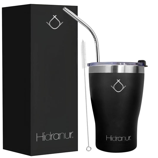 Hidranur Termo de Acero Inoxidable Doble Aislamiento Térmico, 12 Oz (354.882 ml), Termo para Café, Tapa Hermética Antifugas, Popote Incluido (Negro, 12 Oz (354.882 ml))