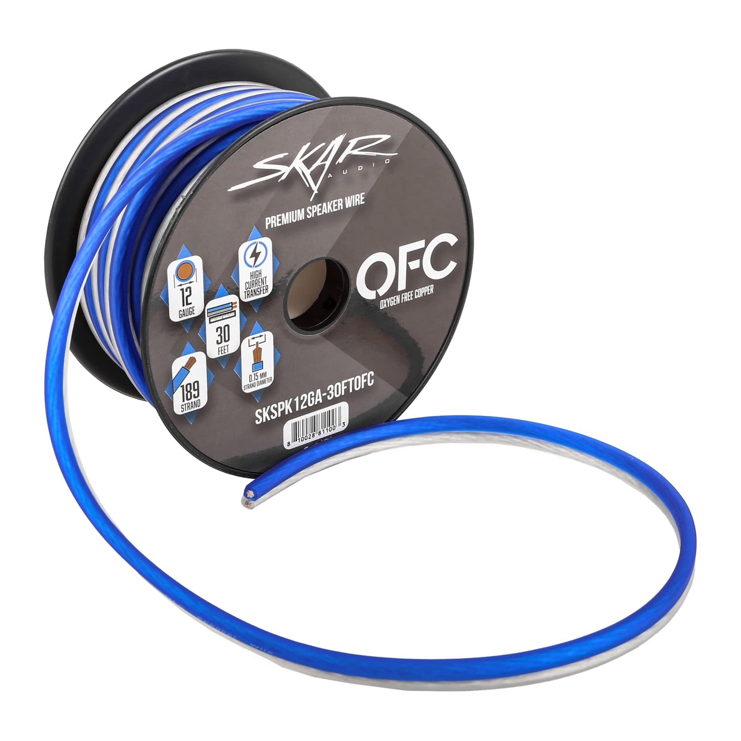 Skar Audio - Cable de altavoz de audio de cobre de calibre 12 (AWG) Elite sin oxígeno, 30 pies (azul/blanco)