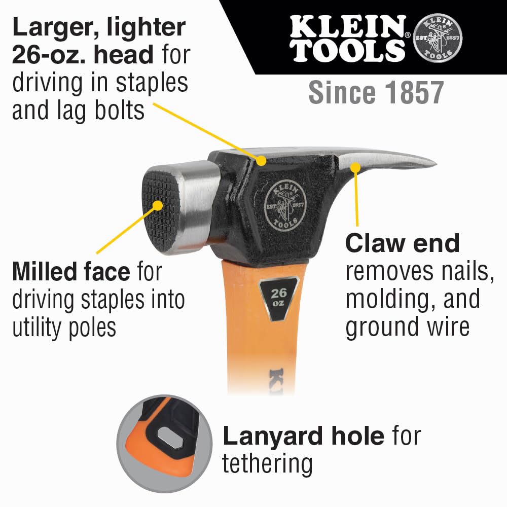 Klein Tools 832-26 Martillo fresado, mango de fibra de vidrio, resistente para postes de utilidad, cara fresada, color naranja de alta visibilidad