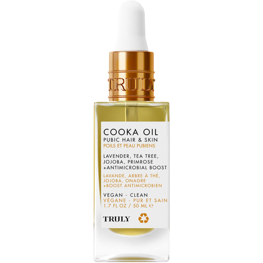 Truly- Beauty Cooka Oil - Aceite suavizante para el vello púbico y la piel - Fórmula hidratante y limpiadora de poros - Refrescante