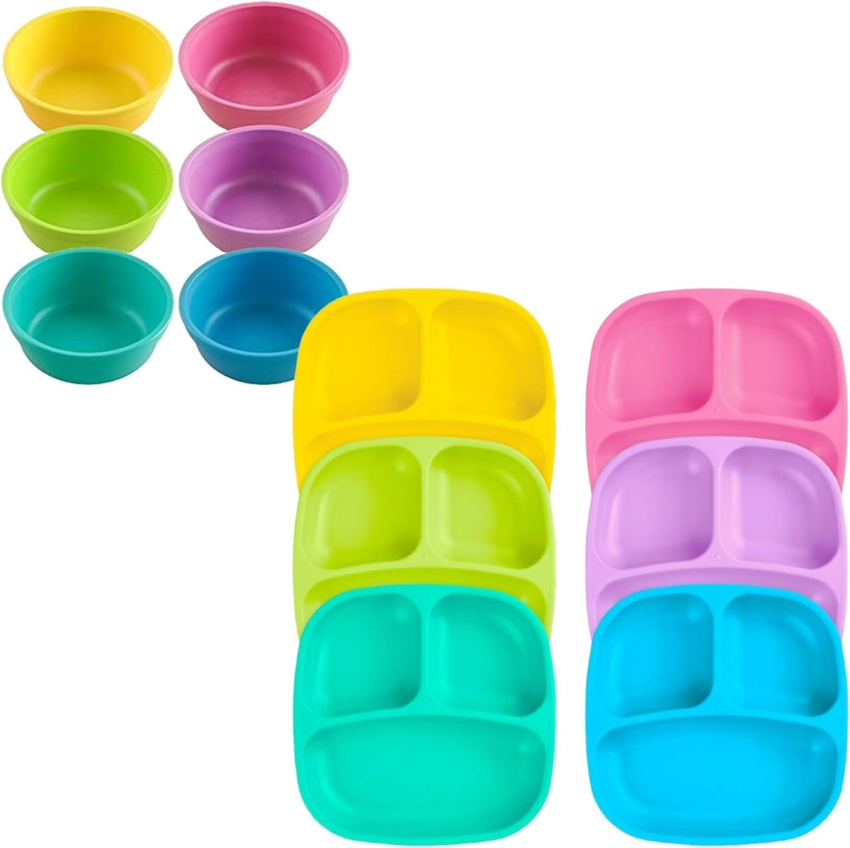 Re-Play - Juego de vajilla para niños pequeños, 6 compartimentos divididos de paredes profundas y 6 cuencos apilables para aperitivos y comidas diarias, apto para lavaplatos y microondas, fabricado en