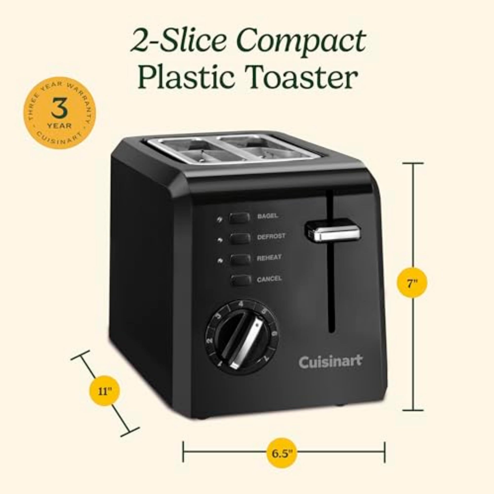 Cuisinart CPT-122BK tostador compacta de plástico de 2 rebanadas, color negro