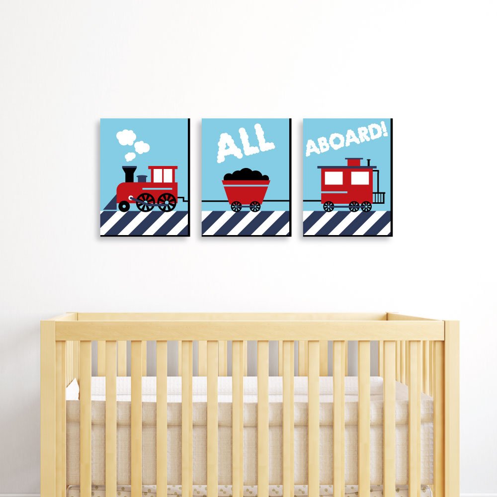 Big Dot of Happiness Railroad Crossing – Juego de 3 Impresiones de Trenes de Vapor para bebé, guardería, decoración de la habitación de los niños, 19 x 25 cm