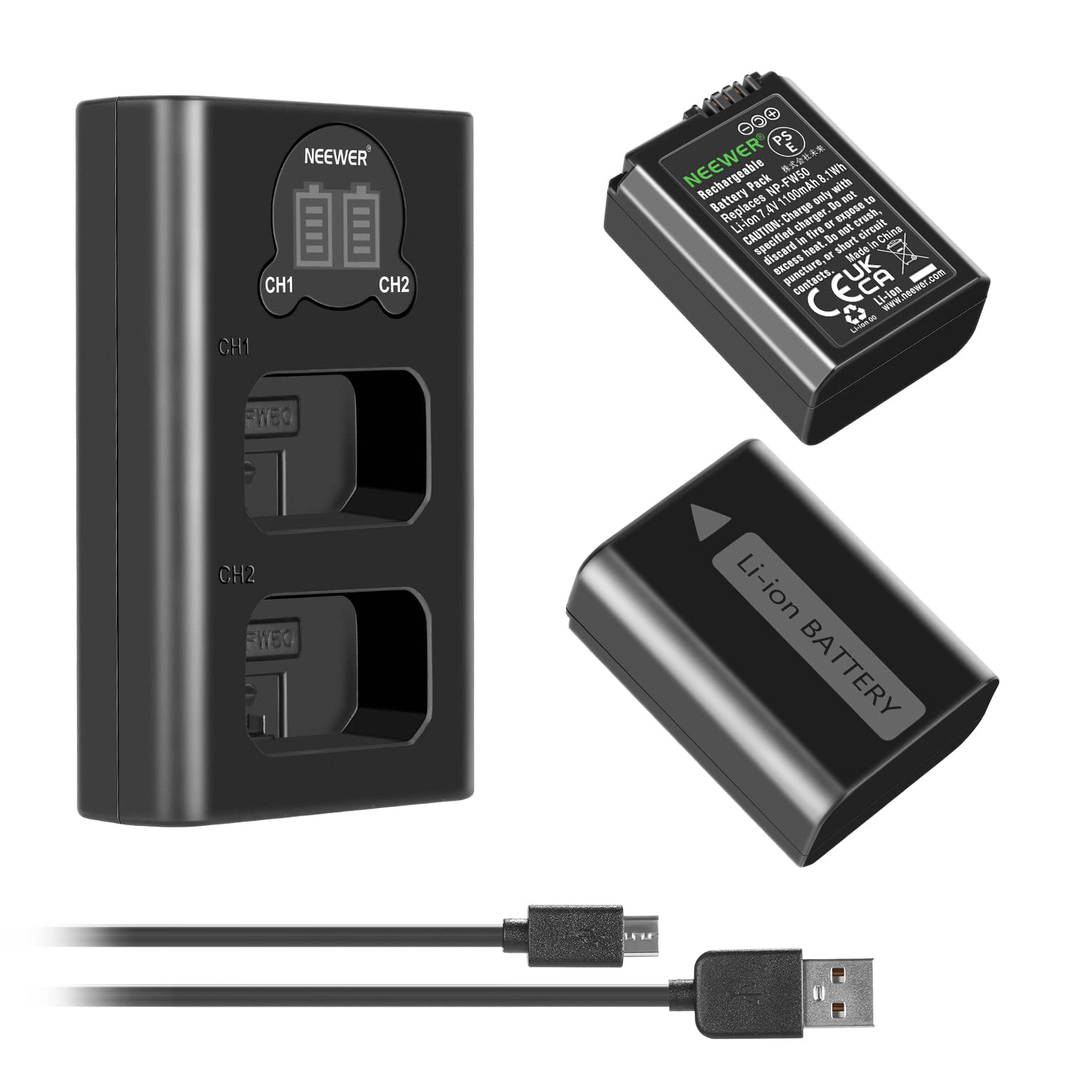 Cargador de Batería para Cámara NEEWER NP-FW50 Sony en Negro con Paquete de 2 Baterías 1100mAh y Cargador Doble Tipo C