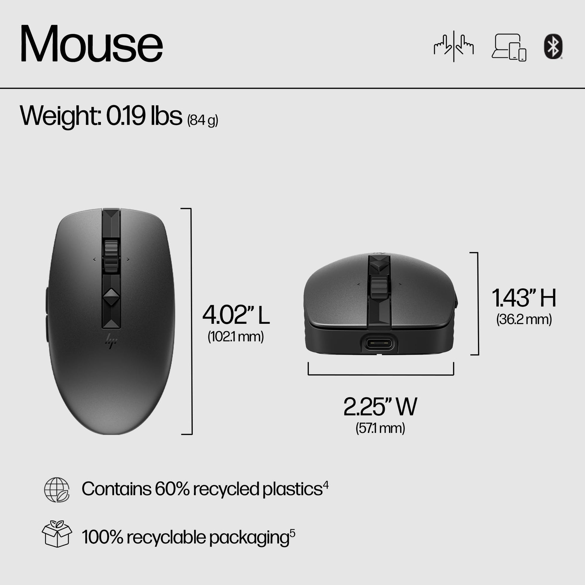HP Mouse Silencioso Recargable 710 Negro, Inalámbrico, Recargable, Ambidiestro, Botones Programables, Compatible con Mac, Windows, Chrome, Negro (6E6F2AA)