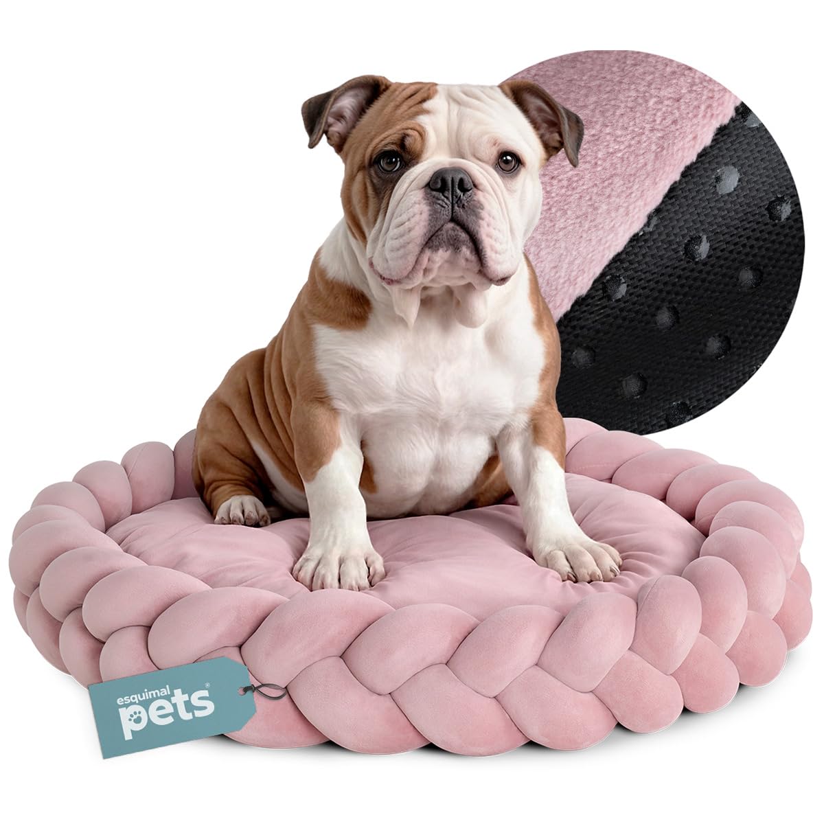 Cama Redonda para Perro y Gato Esquimal Rosa Trenzada Antiestrés Mediana Lavable