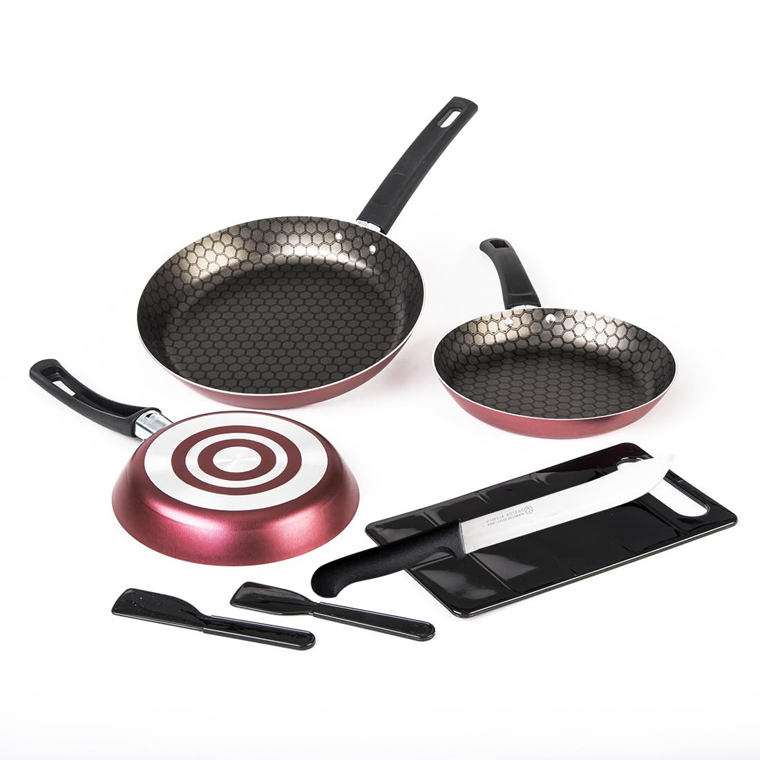 Cinsa Bateria de cocina Esencial Equipa tu cocina 16 piezas, aluminio con antiadherente thermocell, tapas de vidrio templado, cuchillos, utensilios, Rojo (16 piezas)