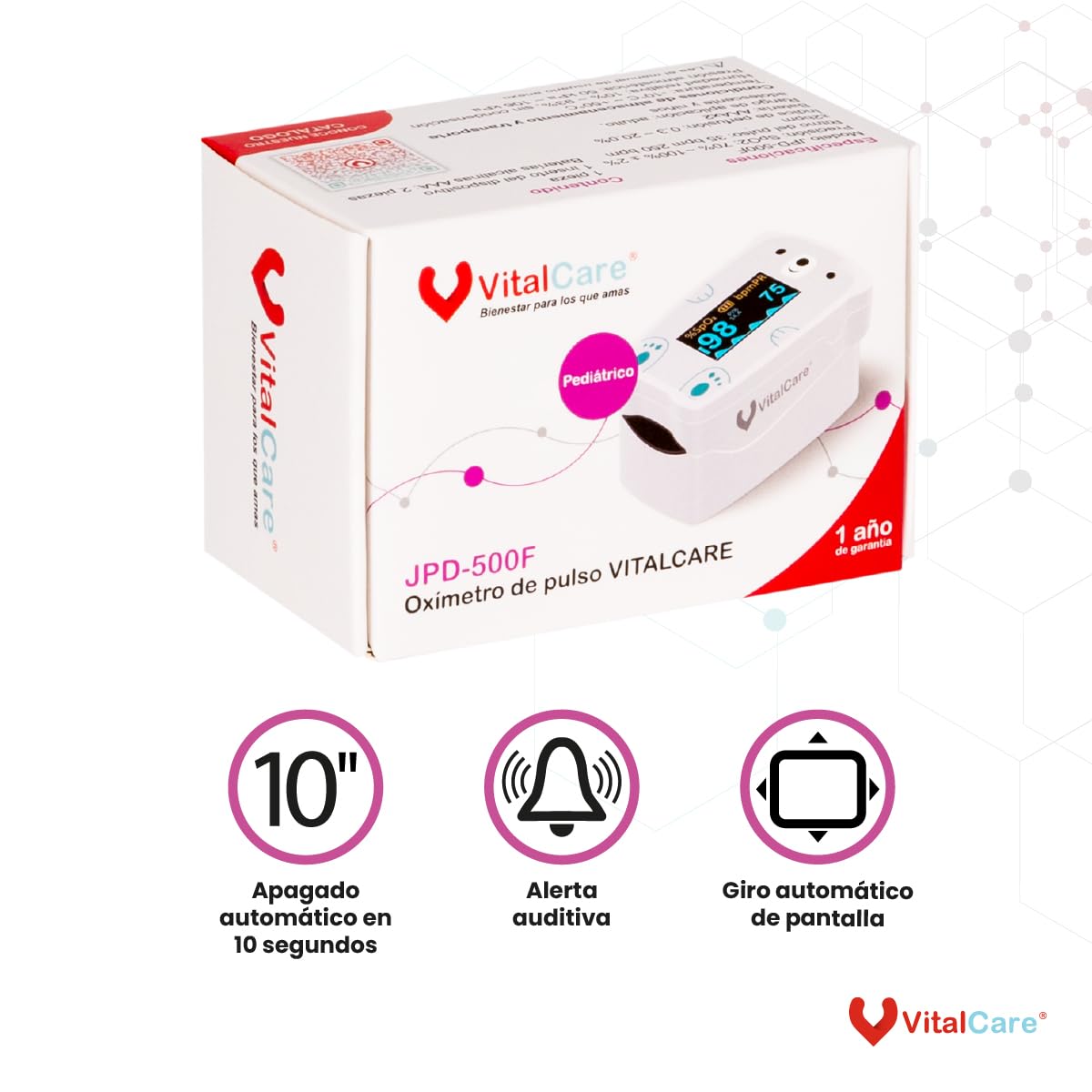 Oxímetro Pediátrico VitalCare Osito Pantalla LED Índice de Perfusión Medición Precisa para Niños y Adultos