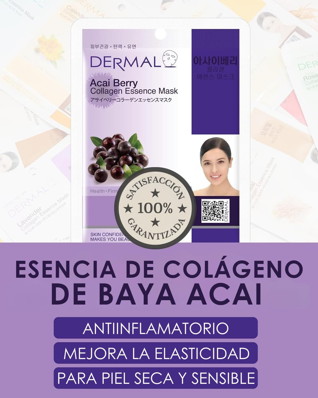 DERMAL Korea 10 Mascarillas Acai Berry con Colágeno y Extracto de Açaí