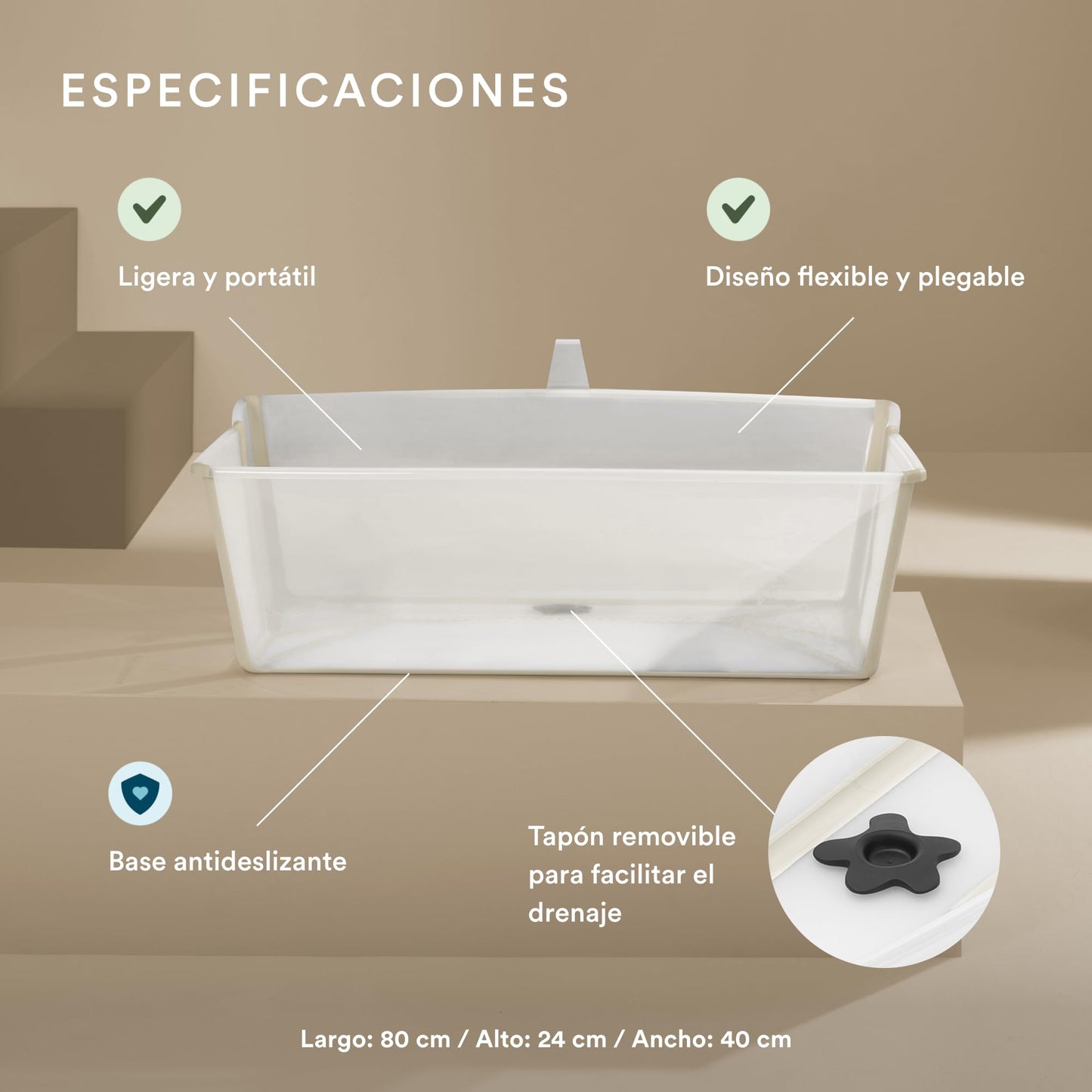Stokke Flexi Bath X-Large, Sandy Beige - Bañera plegable para bebé - Ligera, duradera y fácil de guardar - Práctica para usar en casa o de viaje - De 0 a 6 años