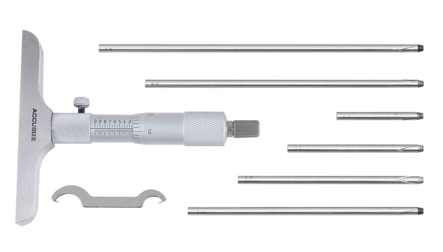 Micrómetro de Profundidad Accusize 0-6" x 4" con Juego de 6 Varillas