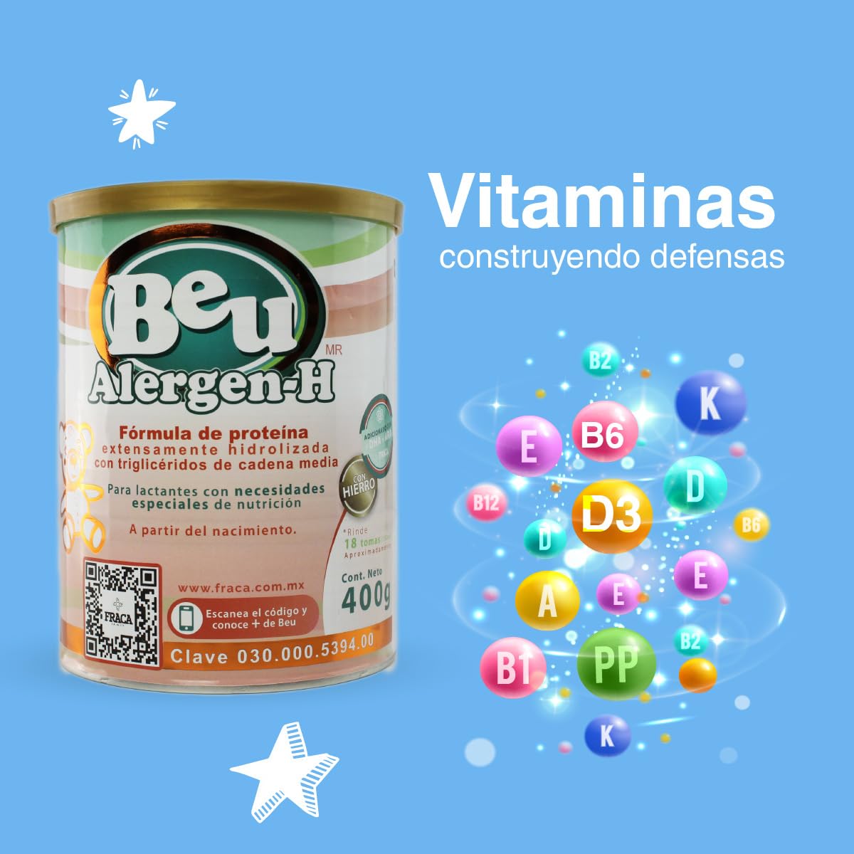 FRACA | Beu Alergen-H | Fórmula Infantil de Proteína | Absorción de Vitaminas | Desarrollo Cerebral y Visual | Alergias Alimentarias | Esencial para el Crecimiento | Pack 3 latas 400g c/u