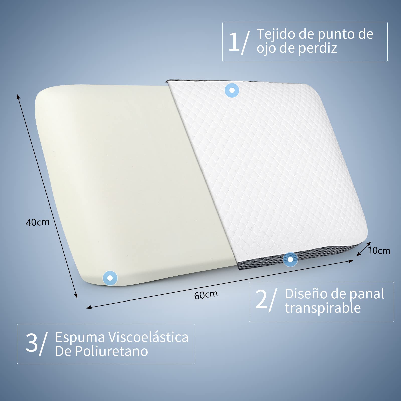 KTMOUW Almohada 2 Piezas Memory Foam y Microfibras antiácaros e hipoalergénico Conductor de Temperatura, Ligero y Resistente