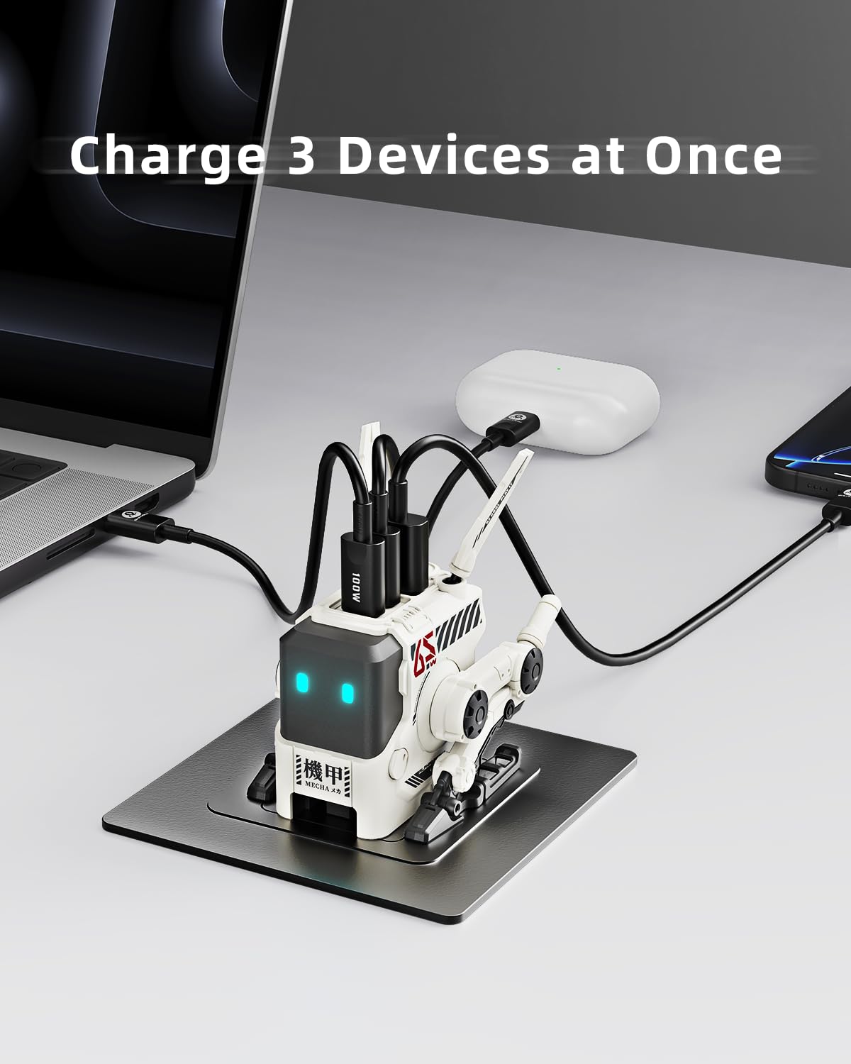 G GravaStar - GravaStar Cargador USB C de 65 W, Bloque de Cargador rápido GAN Robot Alpha65, Adaptador de Corriente rápido de 3 Puertos, Cargador USB C de Pared Compacto Plegable (Blanco)